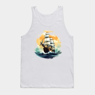 A vintage looking ship sails across the giant waves in a sunset enviornment 4 Tank Top